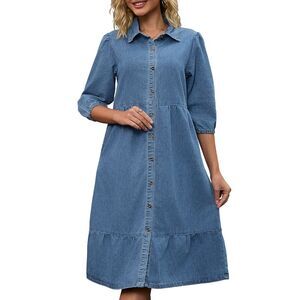 Women's Denim Dress 3/4 Sleeve Collar A Line Tiered Midi Jean Dress Light Blue